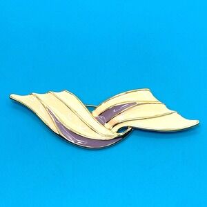 Signed Monet Enamel Gold Tone 80's Style Modernist Brooch Pin Purple Vtg Cream